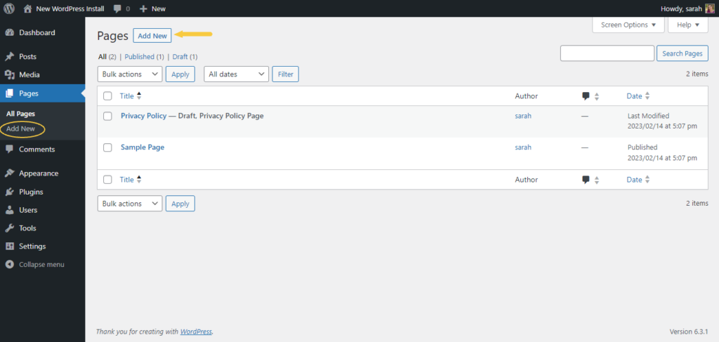 add new pages to wordpress